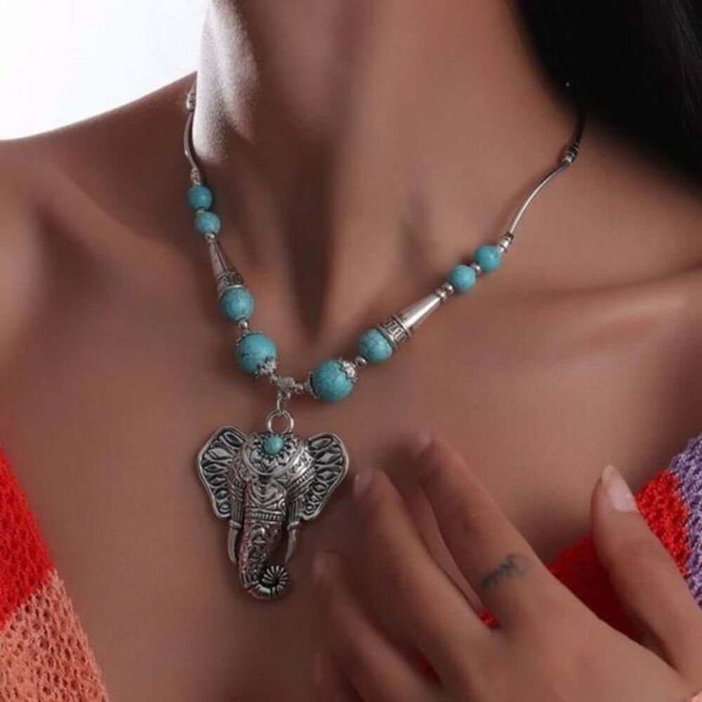 Boho WesternTribal Navajo Turquoise Beaded Elephant Head Charm Pendant Choker